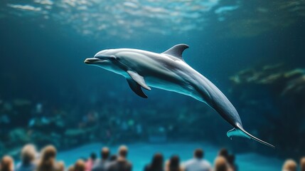 A bustling aquarium with families watching dolphins perform underwater acrobatics
