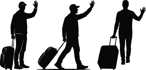 Travelers with Rolling Suitcases Waving Silhouette Vector