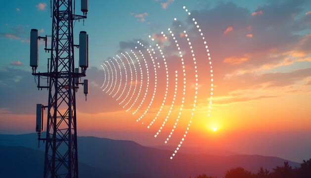 Cell tower transmitting signals at sunset with beautiful orange and blue sky