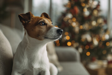 A Jack Russell Terrier is lying on a couch that is next to the Christmas tree.