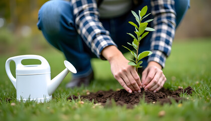 Person planting a young tree in the garden, environmental conservation concept
