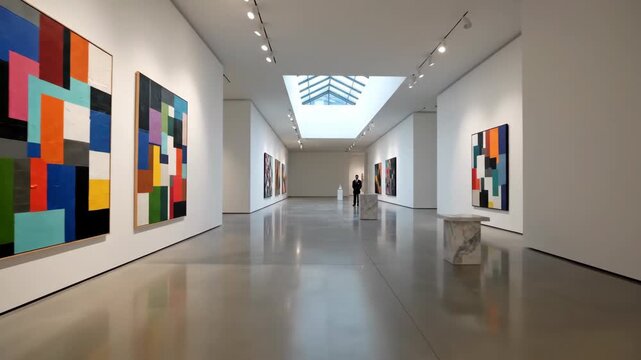 Modern Art Gallery Interior with Colorful Paintings and Sculpture