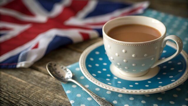 A cup of milky tea in a polka dot cup and saucer, with a spoon and a union jack flag, on a rustic wooden table, symbolizing british style