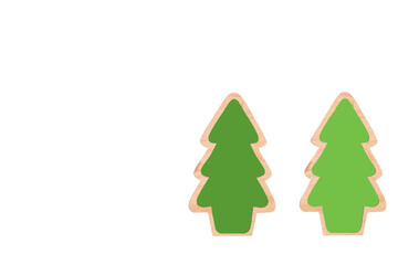 Two green Christmas trees with wooden outlines isolated on a white background. simple festive...
