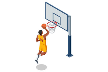 Isometric illustration of a basketball player in a yellow uniform jumping toward the hoop for a layup, holding the ball with one hand near the rim. Dynamic sports action scene