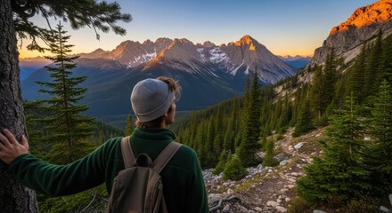 Captivating mountain view from lush forest, with hiker admiring majestic peaks under dramatic sky. Incredible mountain view showcases forest's greenery and natural beauty,