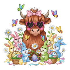 Naklejka premium Highland cow with easter bunnies eggs and flowers spring holiday season