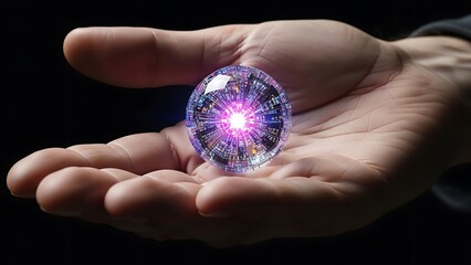 Hand holding a crystal ball with glowing light inside it