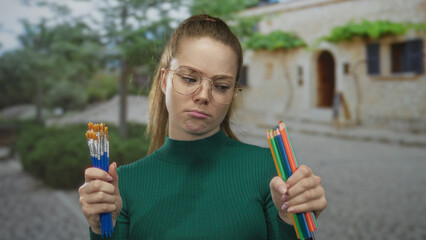 Woman wearing round glasses holds paintbrushes and colorful pencils on a cobblestone street;...