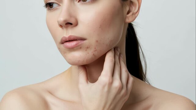 Caucasian woman with acne and problematic skin on her face. Beauty treatment concept for skincare and dermatology.