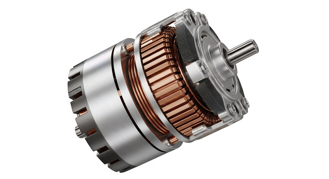 Detailed 3D render of a brushless DC electric motor rotor with copper windings and laminated core, isolated on transparent background