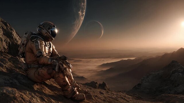 Human visitor observing foreign ridge with moons illuminating sky