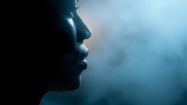 Woman's profile silhouette breathing out steam in a dark, cold, and foggy environment with dramatic backlighting. The concept represents cold winter air, breathing, and mystery