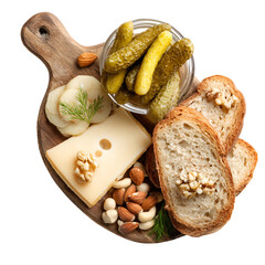 Delicious cheese board with bread pickles and nuts on wooden platter