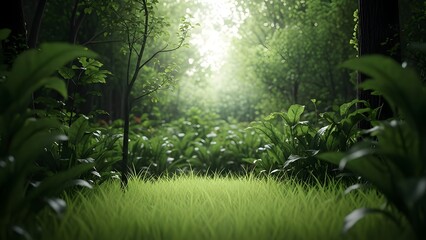 Fototapeta premium Lush green forest path with sunlight streaming through the trees