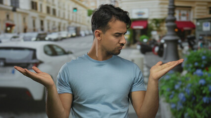 Young hispanic man in casual blue shirt stands on busy city street, gesturing with both hands in expression of confusion or decision-making outdoors in urban environment.