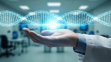 Doctor holding a glowing dna strand above his hand in a lab