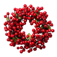 Round christmas wreath made of red berries and green leaves on black background