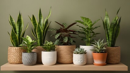 Collection of potted houseplants on a shelf against a green wall