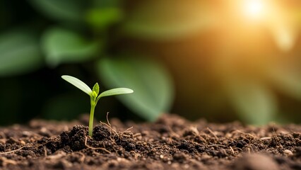 Tiny sprout emerging from soil bathed in warm sunlight
