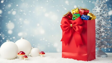 Festive christmas gift bag with presents candles and snowy background