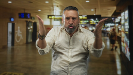 Man with beard raises both hands in airport terminal, open palms and pleading expression amid noisy...