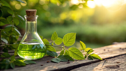 Bottle with cork filled with green liquid on wooden table