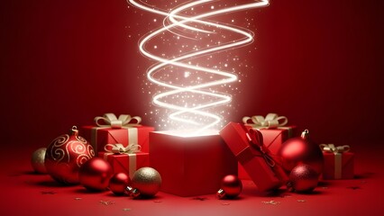 Magical christmas gifts with spiral light beam on red background
