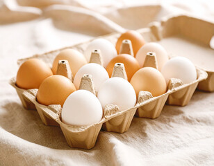 Fresh eggs in a carton on fabric, mix of white and brown eggs, selective focus. AI