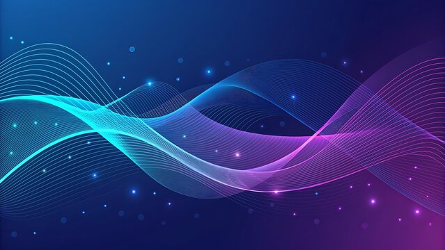 Abstract digital wave pattern with glowing particles creating a futuristic data flow visualization on a vibrant blue and purple gradient