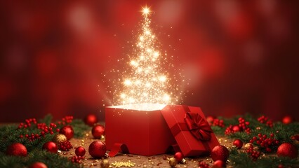 Magical christmas tree emerging from a red gift box with ornaments