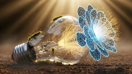 Light bulb with digital flower, concept of green energy and innovation