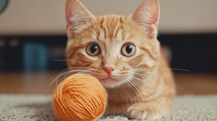 A cat playing with a ball of yarn on a soft rug in a living room