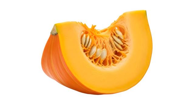 Fresh orange pumpkin slice with visible seeds, isolated on transparent background