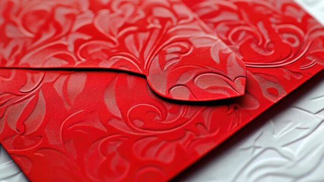 A close-up of a red envelope on a table, suitable for use in designs related to love, romance, or special occasions
