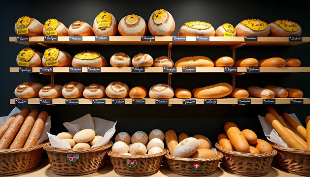 Freshly baked bread display in a bakery with various loaves and rolls