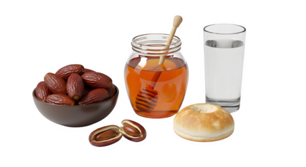 Healthy breakfast items including dates, honey, water, and a bun, isolated on transparent background