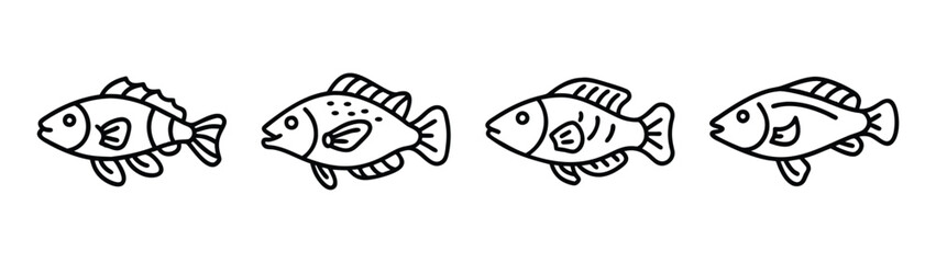 Four cartoon fish swimming in a row drawing vector illustration aquarium pet shop doodle art design
