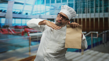 Man chef in white uniform and hat holding a brown paper bag and showing a peace sign with his hand...
