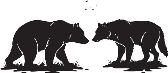 Two powerful brown bears facing each other silhouetted against a wild nature
