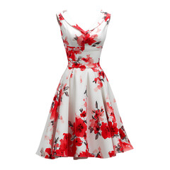 Vintage inspired white dress with a vibrant red floral print