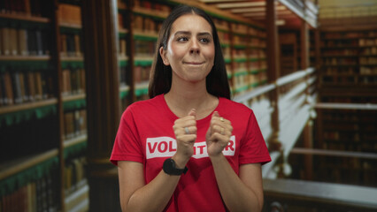 Woman volunteer wearing red t shirt with volunteer print, hands clasped and eyes closed in a library building; hope compassion volunteering.