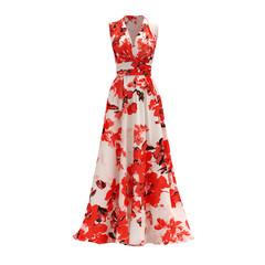 Elegant floral print maxi dress with a deep v neckline and flowing skirt