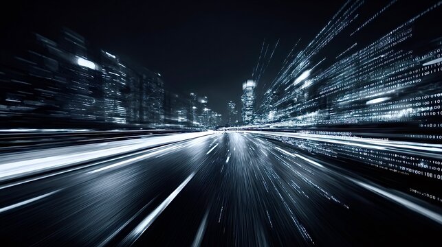 Digital data flowing through modern city street at night