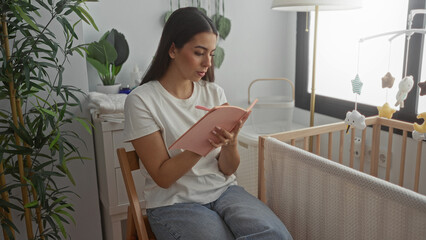 Young woman reading a pink notebook by a wooden crib in a nursery building, hand on chin gesture; calm planning.