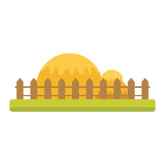 Yellow wooden fence with green grass on a beige Sheaf of wheat ears. Rural crop. Autumn rustic element. Cartoon flat illustration.