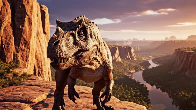 Realistic dinosaur model standing on cliff with spectacular view