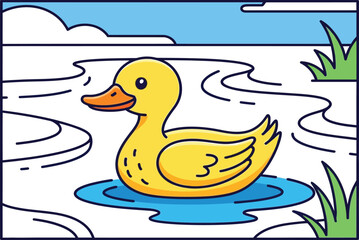 Cute Cartoon Yellow Duck Swimming in Pond with Snowy Banks. Happy Farm Bird Floating on Water in Winter Nature Scene for Kids Design Vector Illustration.