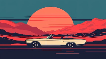 A classic convertible driving down an open highway surrounded by desert landscape