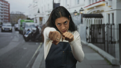 Fototapeta premium Young woman throwing a punch with fists on a city street in front of townhouse facades; determination.